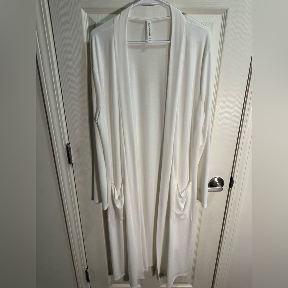 Zenana Premium Long White Cardigan with Pockets